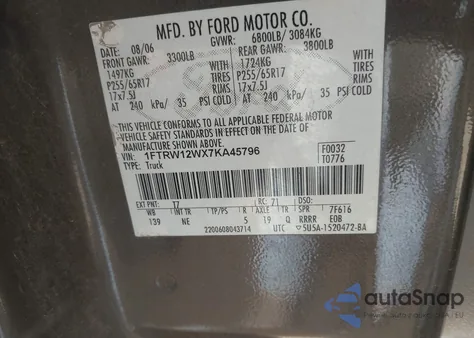 2007 Ford F-150 Xlt from USA, damaged, VIN 1FTRW12WX7KA45796